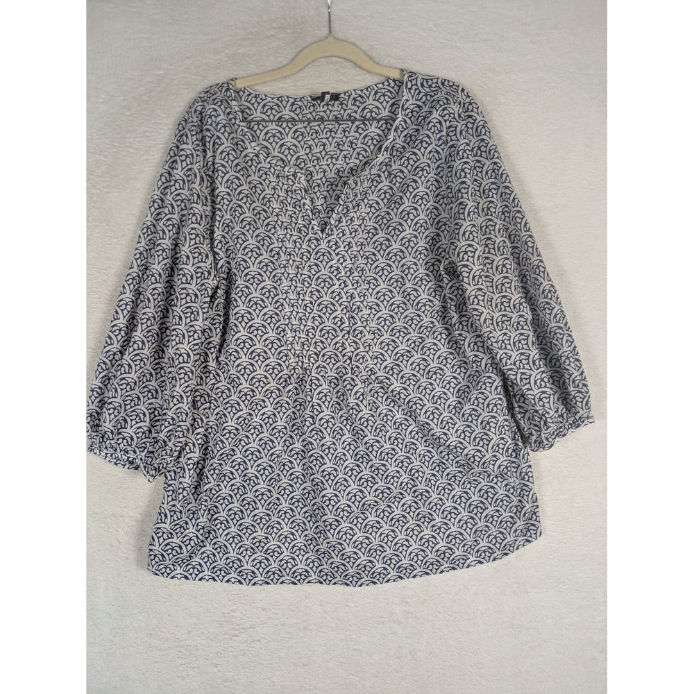 Talbots Tunic Top Women's 1X Blue White Scroll Print Pintuck 3/4 Sleeve V-Neck